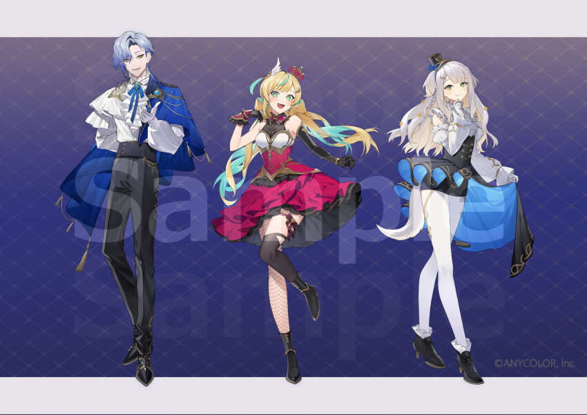 1boy 2girls :d ankle_boots aqua_hair arm_behind_back ascot asymmetrical_gloves asymmetrical_legwear bare_shoulders black_dress black_footwear black_gloves black_hat black_pants black_shorts black_skirt black_thighhighs blonde_hair blue_background blue_cape blue_hair blue_ribbon blue_skirt boots border bow-shaped_hair braid brooch cape center-flap_bangs closed_mouth colored_inner_hair copyright_notice cross-laced_footwear crown curtained_hair detached_sleeves dog_girl dog_tail dress earrings elbow_gloves fang fishnet_pantyhose fishnets flower frilled_dress frilled_shirt frilled_shirt_collar frilled_sleeves frilled_socks frills full_body gloves gradient_hair green_eyes grey_hair hair_behind_ear hair_between_eyes hair_flower hair_ornament hairclip half_gloves hand_on_own_chin hat high-waist_pants high-waist_skirt highres jewelry juliet_sleeves letterboxed long_hair long_sleeves looking_at_viewer low_twintails medium_hair milan_kestrel mini_crown mini_hat mini_top_hat mitarashi-dan mole mole_under_eye mole_under_mouth multicolored_dress multicolored_hair multiple_girls multiple_moles neck_ribbon nijisanji official_art open_mouth outside_border pants pantyhose puffy_long_sleeves puffy_sleeves red_dress ribbon sample_watermark shioriha_ruri shirt shoes short_shorts shorts shorts_under_skirt showgirl_skirt side_braid side_cape side_part sidelocks simple_background skin_fang skirt skirt_hold sleeveless sleeveless_dress sleeveless_shirt smile socks sogawa standing standing_on_one_leg streaked_hair tachitsute_toto tail thigh_strap thighhighs top_hat twintails two-sided_dress two-sided_fabric two-sided_skirt two_side_up uneven_gloves virtual_youtuber watermark white_ascot white_border white_dress white_gloves white_pantyhose white_shirt wing_hair_ornament yellow_eyes yellow_flower
