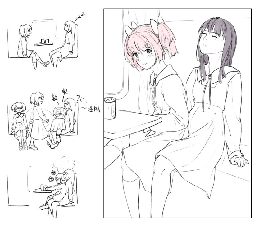 2girls akemi_homura black_hair blush car closed_eyes closed_mouth commentary dress greyscale hashtag-only_commentary highres kaname_madoka kneehighs long_sleeves looking_at_another madohomuhomura mahou_shoujo_madoka_magica mahou_shoujo_madoka_magica_(anime) monochrome motor_vehicle multiple_girls parted_lips pink_hair sitting sitting_on_lap sitting_on_person sleeping socks spot_color translation_request twintails yuri zzz