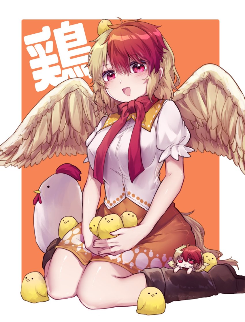 1girl animal animal_on_head bird bird_on_head bird_tail bird_wings blonde_hair border breasts brown_footwear chick chicken choker collared_shirt commentary_request dress feathered_wings full_body fumo_(doll) highres medium_breasts multicolored_hair niwatari_kutaka on_head open_mouth orange_background orange_dress puffy_short_sleeves puffy_sleeves red_eyes red_hair red_ribbon ribbon ribbon_choker seiza shirt short_sleeves sitting solo_focus tail too_many too_many_chicks touhou translated two-tone_hair unime_seaflower white_border white_shirt wings yellow_wings