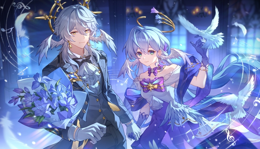1boy 1girl absurdres aqua_eyes bird blue_hair bow bowtie bracelet brother_and_sister closed_mouth dress earrings face_jewel falling_feathers feathered_wings feathers feiqiyibu gloves halo head_wings highres holding_hands honkai:_star_rail honkai_(series) indoors jewel_under_eye jewelry long_hair looking_at_viewer musical_note official_alternate_costume purple_bow purple_bowtie purple_dress purple_gloves robin_(honkai:_star_rail) robin_(star_rail_live_2024)_(honkai:_star_rail) siblings smile standing sunday_(honkai:_star_rail) sunday_(star_rail_live_2025)_(honkai:_star_rail) wings