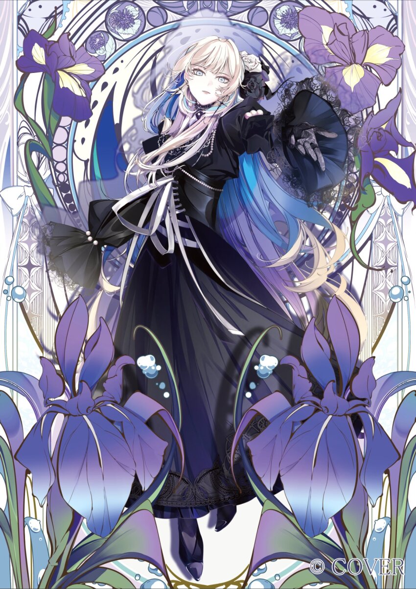 1boy art_nouveau beckoning black_dress black_flower black_rose blue_eyes blue_hair copyright_notice corset crossdressing crossdressing_(mtf) dress drop_shadow flower full_body gloves goth_fashion gradient_hair hair_flower hair_ornament highres holostars lace lace-trimmed_sleeves lace_gloves lace_trim long_dress long_hair long_sleeves male_focus multicolored_hair official_alternate_costume official_art outstretched_hand puffy_long_sleeves puffy_sleeves purple_flower purple_hair ribbon rose solo trap utsugi_uyu very_long_hair virtual_youtuber white_flower white_hair white_ribbon white_rose yonemuro