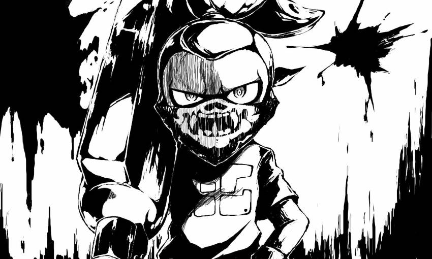 1boy bandana bandana_over_mouth greyscale highres inkling inkling_boy inkling_player_character male_focus mask monochrome nintendo pointy_ears skull-kun_(splatoon) solo splat_roller_(splatoon) splatoon_(manga) splatoon_(series) splatoon_1 takobe tentacle_hair topknot
