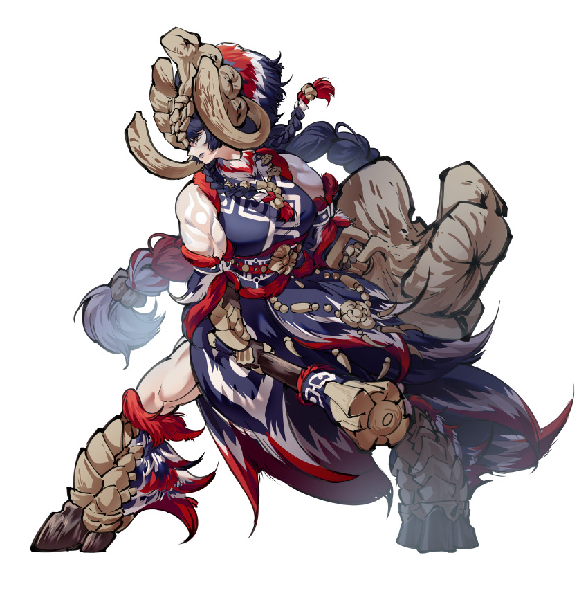 1girl absurdres blue_hair blue_lips braid braided_ponytail curled_horns full_body gammoth highres holding holding_mace holding_shield holding_weapon horns lanmizu2002 long_hair mace monster_hunter_(series) monster_hunter_x multicolored_hair muscular muscular_female personification red_hair shield sleeveless twin_braids weapon white_background white_hair yellow_eyes