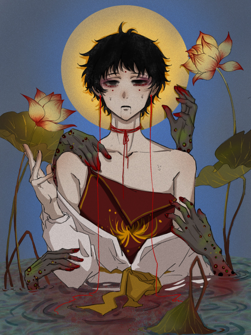 1boy black_eyes black_hair blood_in_water camisole chinese_commentary collarbone commentary_request disembodied_hand empty_eyes eyeshadow facial_mark film_grain forehead_mark highres jacket jacket_partially_removed lotus_leaf makeup male_focus muhe911916 open_mouth parted_lips partially_submerged purple_eyeshadow red_camisole short_hair shou_qianhui strap_slip string_choker touqi_guaitan upper_body white_jacket