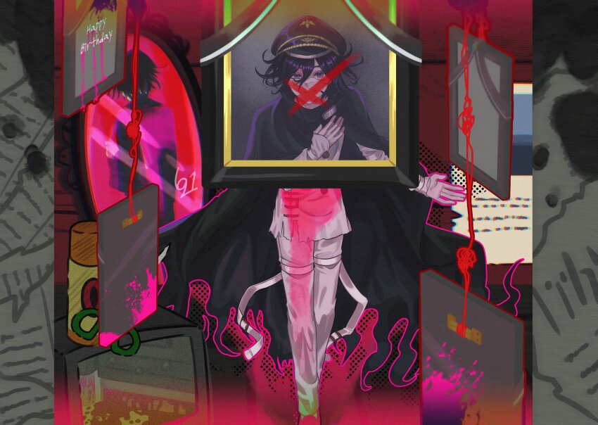 1boy absurdres black_cape black_hair black_hat blood blood_on_clothes cape closed_mouth crossed_out danganronpa_(series) danganronpa_v3:_killing_harmony feet_out_of_frame grey_jacket grey_pants hair_between_eyes hand_up happy_birthday hat highres iei jacket jjigjjikk long_sleeves looking_at_viewer male_focus oma_kokichi outline pants pink_blood pink_eyes pink_outline portrait_(object) smile solo torn_cape torn_clothes