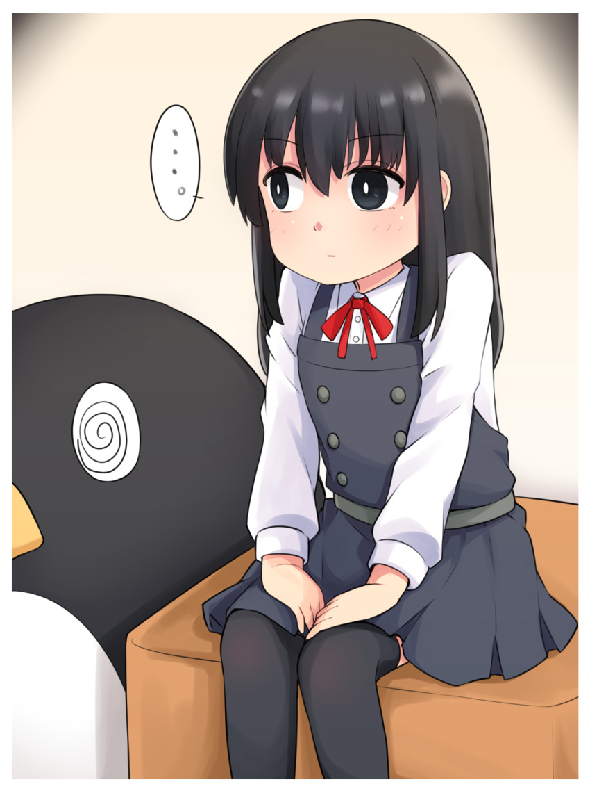 ... 1girl asashio_(kancolle) asashio_kai_ni_(kancolle) belt bird black_dress black_hair black_thighhighs blue_eyes bow bowtie box buttons cardboard_box collared_shirt dress failure_penguin highres indoors kantai_collection long_hair long_sleeves neck_ribbon okitarou_(okiyo) penguin pinafore_dress pleated_dress red_bow red_bowtie red_ribbon ribbon school_uniform shirt sitting sleeveless sleeveless_dress speech_bubble stuffed_animal stuffed_penguin stuffed_toy thighhighs white_shirt