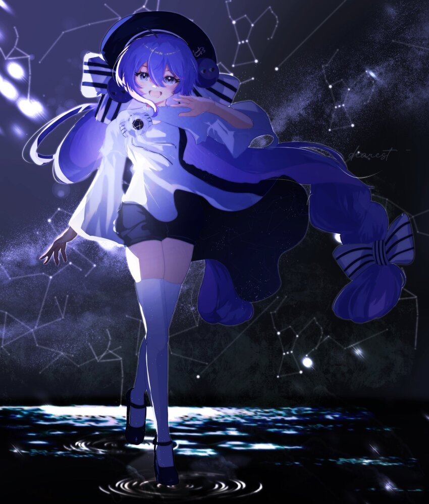 1girl black_gloves black_hat black_shoes black_shorts constellation constellation_request dearest981340 full_body gloves hat hat_ribbon highres long_hair long_sleeves mary_janes night night_sky otomachi_una otomachi_una_(sv) purple_hair ribbon shirt shoes short_shorts shorts sky solo standing standing_on_liquid star_(sky) striped_ribbon synthesizer_v thighhighs twintails very_long_hair vocaloid white_ribbon white_shirt white_thighhighs