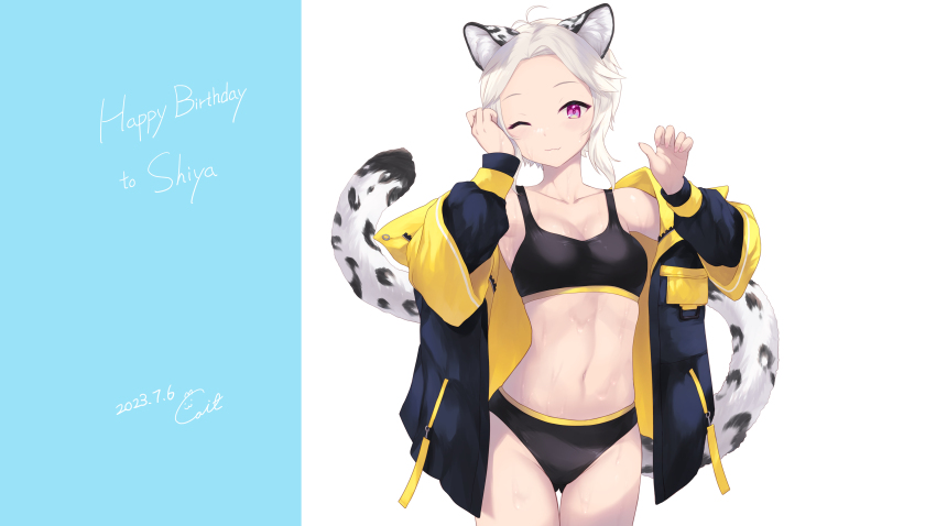 1girl absurdres animal_ears animal_print black_jacket blue_background cait_aron collarbone commentary english_commentary highres indie_virtual_youtuber jacket kusubashi_shiya leopard_ears leopard_girl leopard_print leopard_tail long_sleeves looking_at_viewer multicolored_jacket navel one_eye_closed open_clothes open_jacket red_eyes short_hair solo sports_bra stomach tail two-tone_background two-tone_jacket virtual_youtuber white_background white_hair yellow_jacket