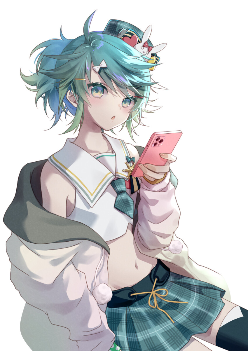 1boy ahoge aqua_eyes aqua_hair blush crop_top crossdressing crossdressing_(mtf) eyelashes gradient_hair green_hair hair_ornament hairpin hat highres holding holding_phone holostars hood hoodie kagami_kira looking_at_viewer luma8b male_focus medium_hair mini_hat multicolored_hair multiple_hairpins navel necktie off_shoulder open_clothes open_hoodie open_mouth phone pillbox_hat plaid_clothes plaid_headwear plaid_necktie plaid_skirt pleated_skirt ponytail sailor_collar shadow short_necktie short_ponytail skirt solo thighhighs trap upper_body virtual_youtuber white_background white_sailor_collar