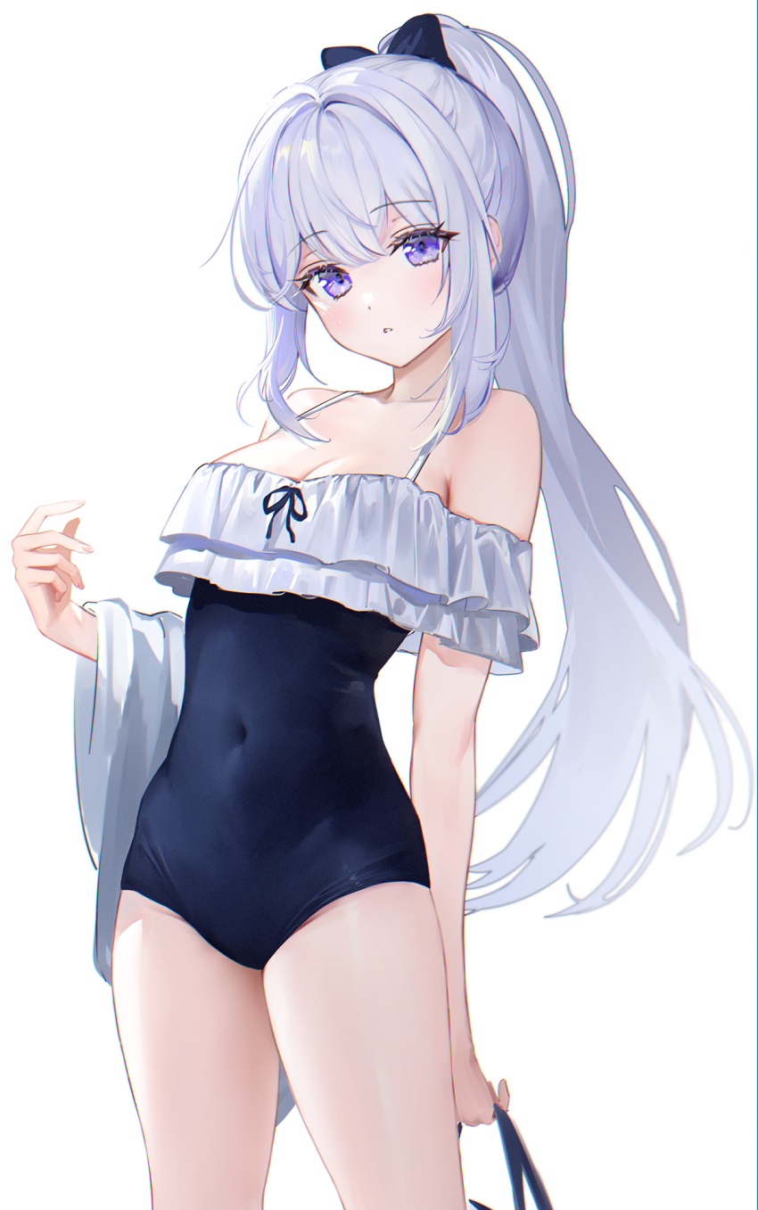 1girl bare_shoulders black_bow blue_archive blue_one-piece_swimsuit bow breasts cleavage covered_navel cowboy_shot expressionless hair_bow highres holding long_hair looking_at_viewer medium_breasts miyako_(blue_archive) miyako_(swimsuit)_(blue_archive) off-shoulder_one-piece_swimsuit off_shoulder official_alternate_costume one-piece_swimsuit parted_lips ponytail purple_eyes rity sideways_glance simple_background solo swimsuit thighs white_background white_hair
