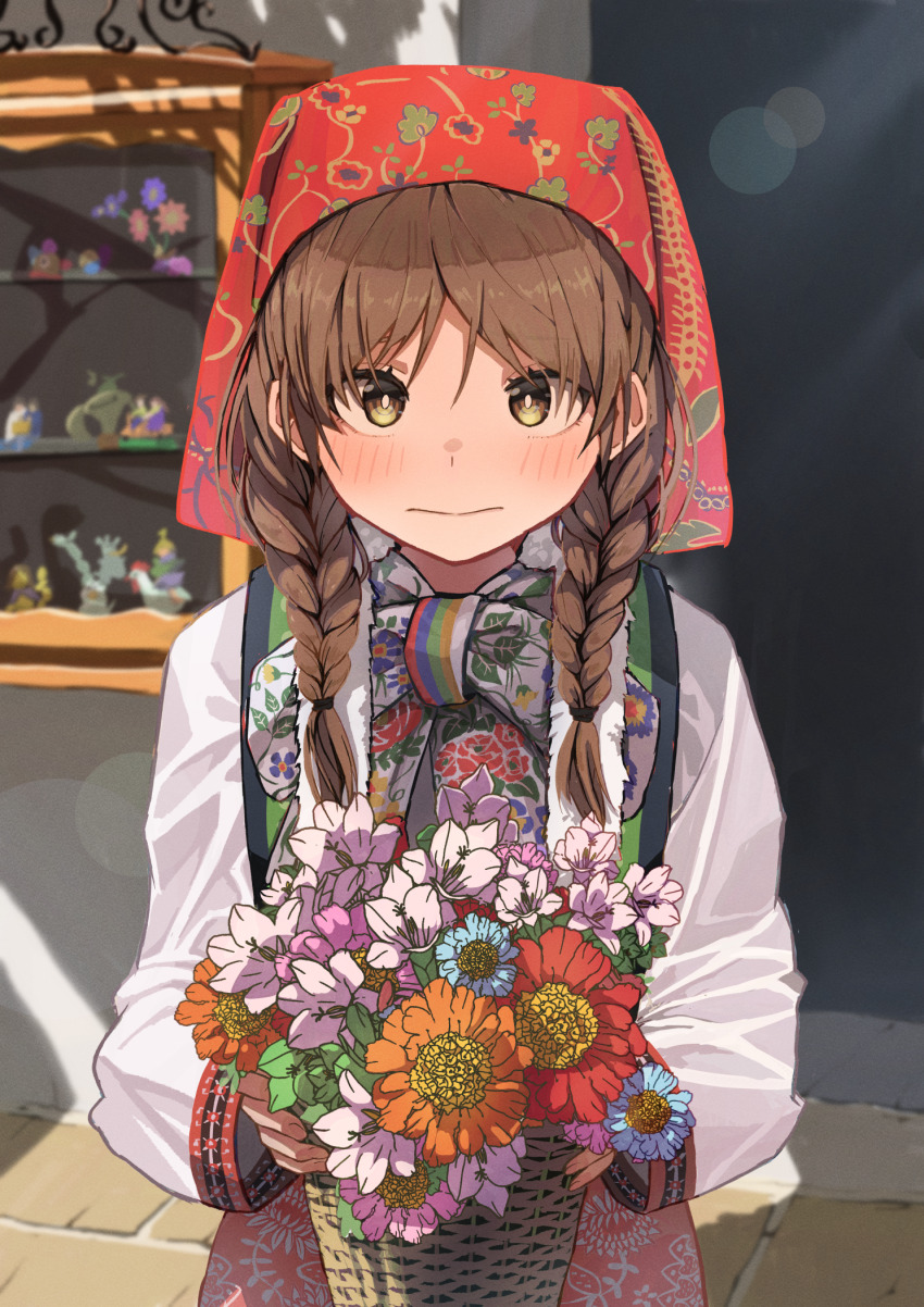 1girl basket blush bouquet braid brown_eyes brown_hair flower headscarf highres holding holding_bouquet long_hair long_sleeves looking_at_viewer original red_headscarf solo toraneko twin_braids