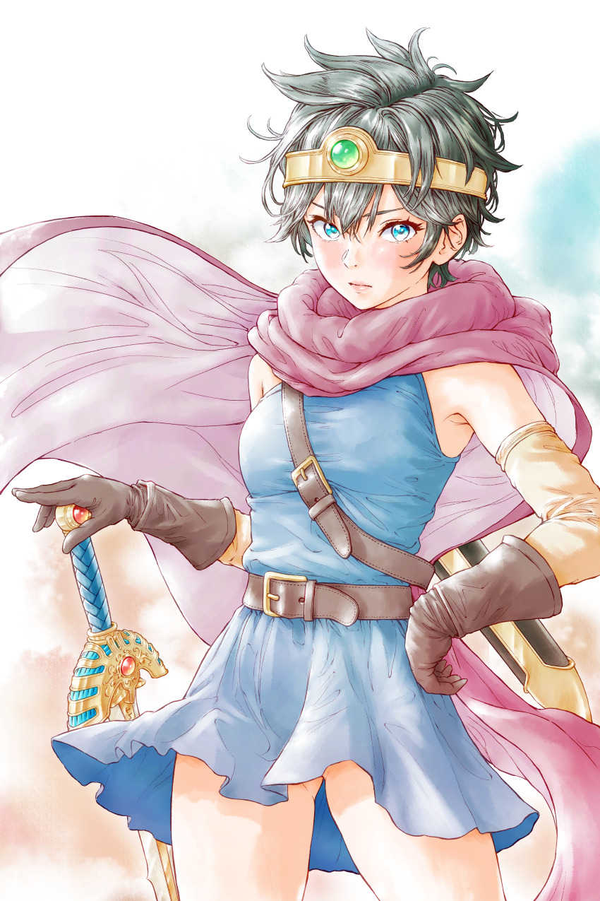 1girl absurdres alternate_costume belt black_hair blue_dress blue_eyes breasts brown_belt brown_gloves cape circlet closed_mouth commentary_request cowboy_shot double-parted_bangs dragon_quest dragon_quest_iii dress erdrick&#039;s_sword floating_cape floating_clothes gem gloves gluteal_fold gold_circlet green_gemstone hand_on_own_hip heroine_(dq3) highres looking_at_viewer medium_breasts momo_oddeye pink_cape planted planted_sword planted_weapon roto_(dq3) short_hair sleeveless sleeveless_dress solo spiked_hair sword weapon yellow_arm_warmers