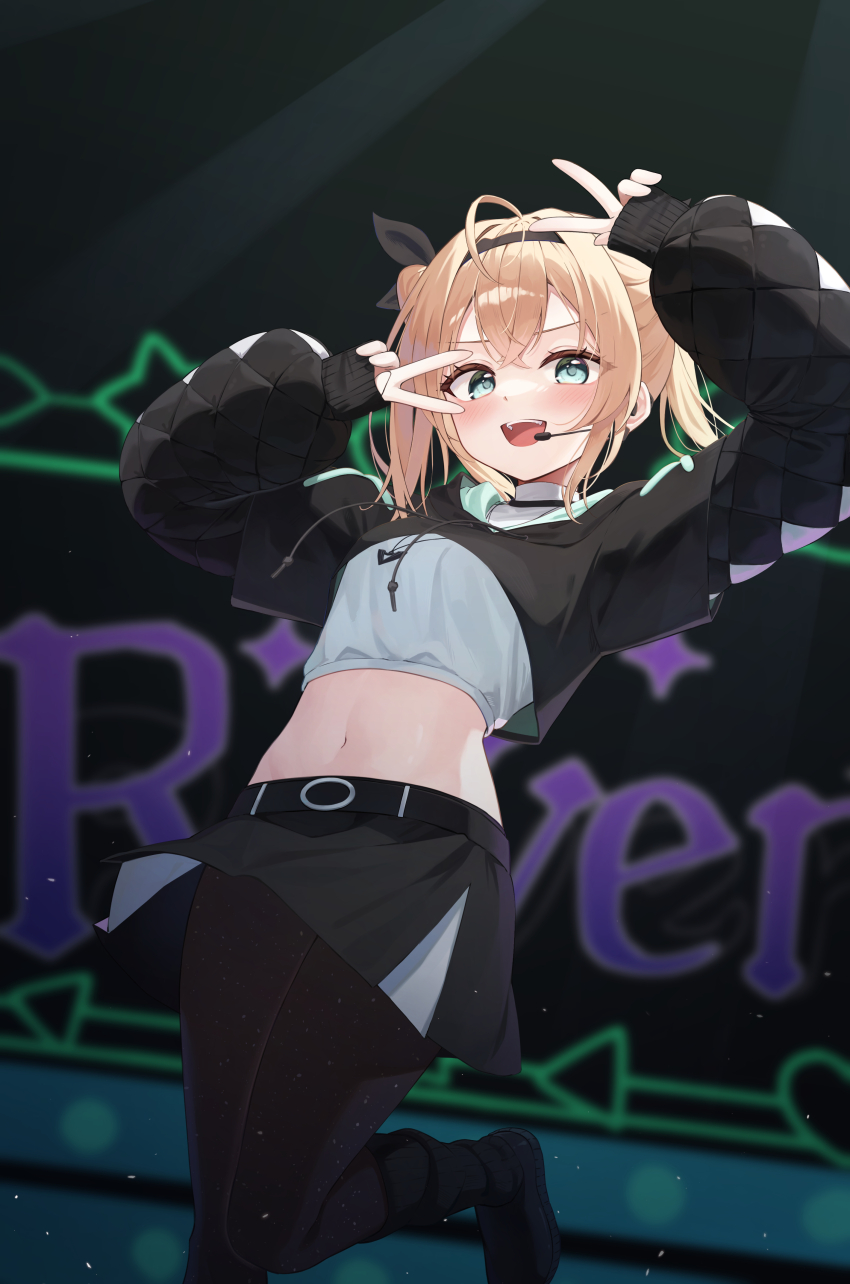 1girl absurdres ahoge arms_up belt black_hoodie black_pantyhose black_skirt blonde_hair blue_eyes boots crop_top cropped_hoodie double_v earpiece hair_ribbon hairband highres hololive hood hoodie kazama_iroha leg_up long_hair long_sleeves looking_at_viewer lunyaria midriff miniskirt navel open_mouth pantyhose puffy_long_sleeves puffy_sleeves ribbon shirt skirt sleeves_past_wrists smile solo stomach twintails undershirt v virtual_youtuber white_shirt
