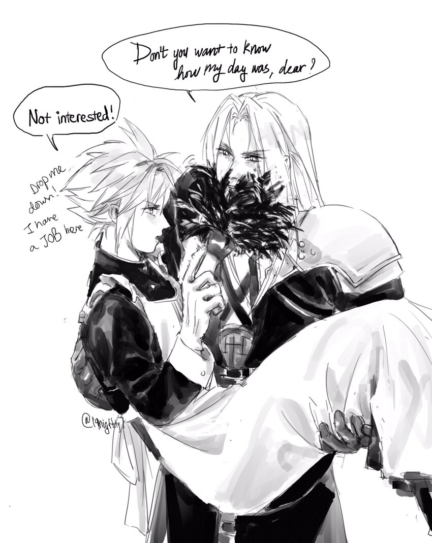 19nighty7 2boys alternate_costume apron armor black_gloves carrying cloud_strife crossdressing dress duster english_text enmaided feather_duster final_fantasy final_fantasy_vii frilled_apron frills gloves greyscale highres long_hair maid male_focus male_maid monochrome multiple_boys open_mouth pauldrons princess_carry sephiroth short_hair shoulder_armor speech_bubble spiked_hair white_background white_gloves yaoi