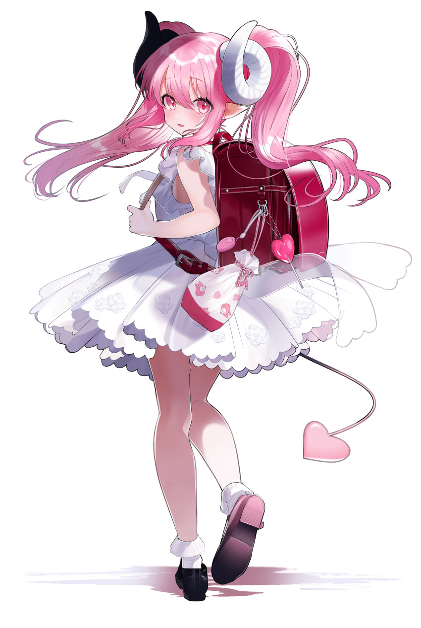 1girl absurdres aged_down backpack bag black_shoes blush bobby_socks candy crime_prevention_buzzer demon_girl demon_horns demon_tail dress fang food frilled_dress frills full_body heart heel_up highres horns lollipop long_hair looking_at_viewer looking_back original parted_lips pink_eyes pink_hair pointy_ears pomu_(pomu_me) randoseru shadow shoes short_dress simple_background skin_fang sleeveless sleeveless_dress smile socks solo standing tail twintails virgin_bitch_gal white_background white_dress white_socks