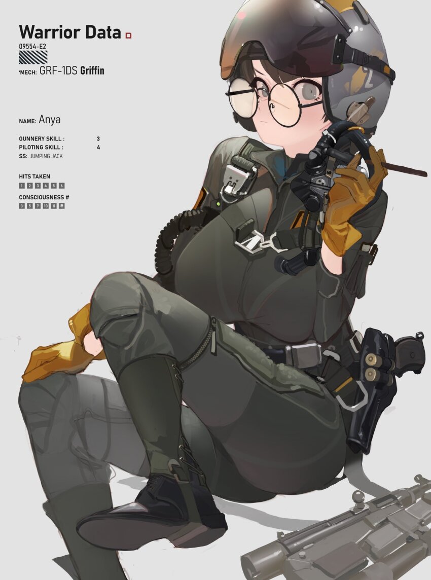 1girl 2024 anya_(wibber_rose) battletech black_hair boots breasts reference_sheet cigarette commission glasses gloves grey_eyes gun handgun helmet highres holster holstered large_breasts long_image looking_at_viewer pilot pilot_suit polilla scar scar_on_face scar_on_nose short_hair shotgun_shell sitting solo submachine_gun tagme tall_image weapon white_background wibber_rose yellow_gloves