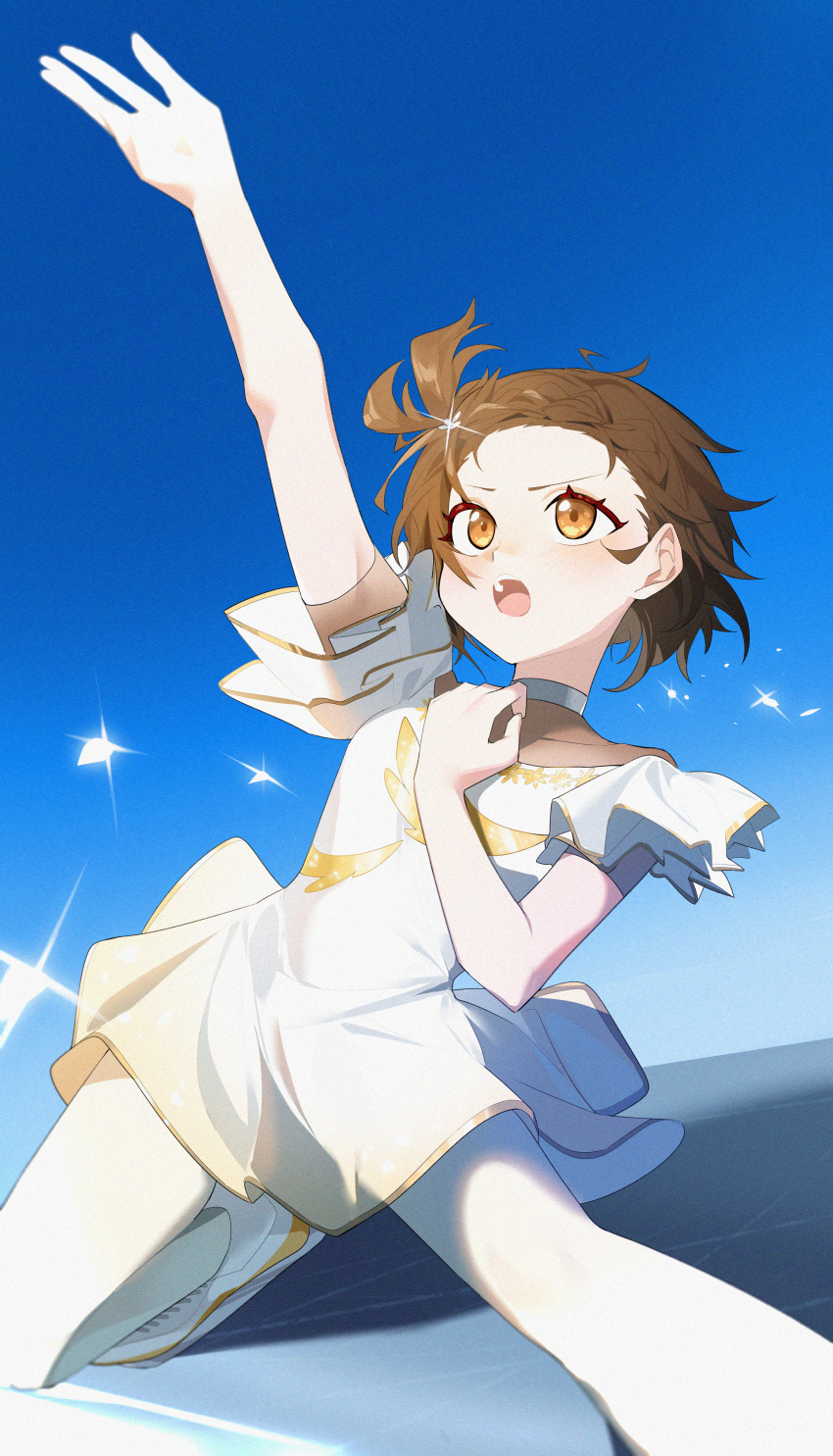 1girl absurdres arm_up bare_arms brown_hair child commentary figure_skating figure_skating_dress hand_on_own_chest highres ice_skates medalist_(manga) one_side_up open_mouth orange_eyes pantyhose short_hair skates solo wako_(1194433260) white_pantyhose yuitsuka_inori