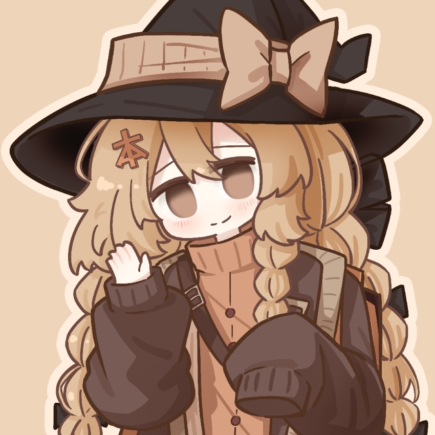 1girl backpack bag benzi_mofashi black_bow black_hat black_ribbon blonde_hair bow braid brown_background brown_bow brown_eyes buttons chinese_commentary closed_mouth clothing_request commentary_request hair_between_eyes hair_bow hair_ribbon hands_up hat hat_bow head_tilt kanji_hair_ornament kirisame_marisa light_blush long_sleeves looking_at_viewer no_pupils nuansede_kekeya orange_sweater outline puffy_long_sleeves puffy_sleeves ribbon simple_background single_sleeve_past_fingers single_sleeve_past_wrist smile solo sweater touhou turtleneck turtleneck_sweater upper_body waving witch_hat
