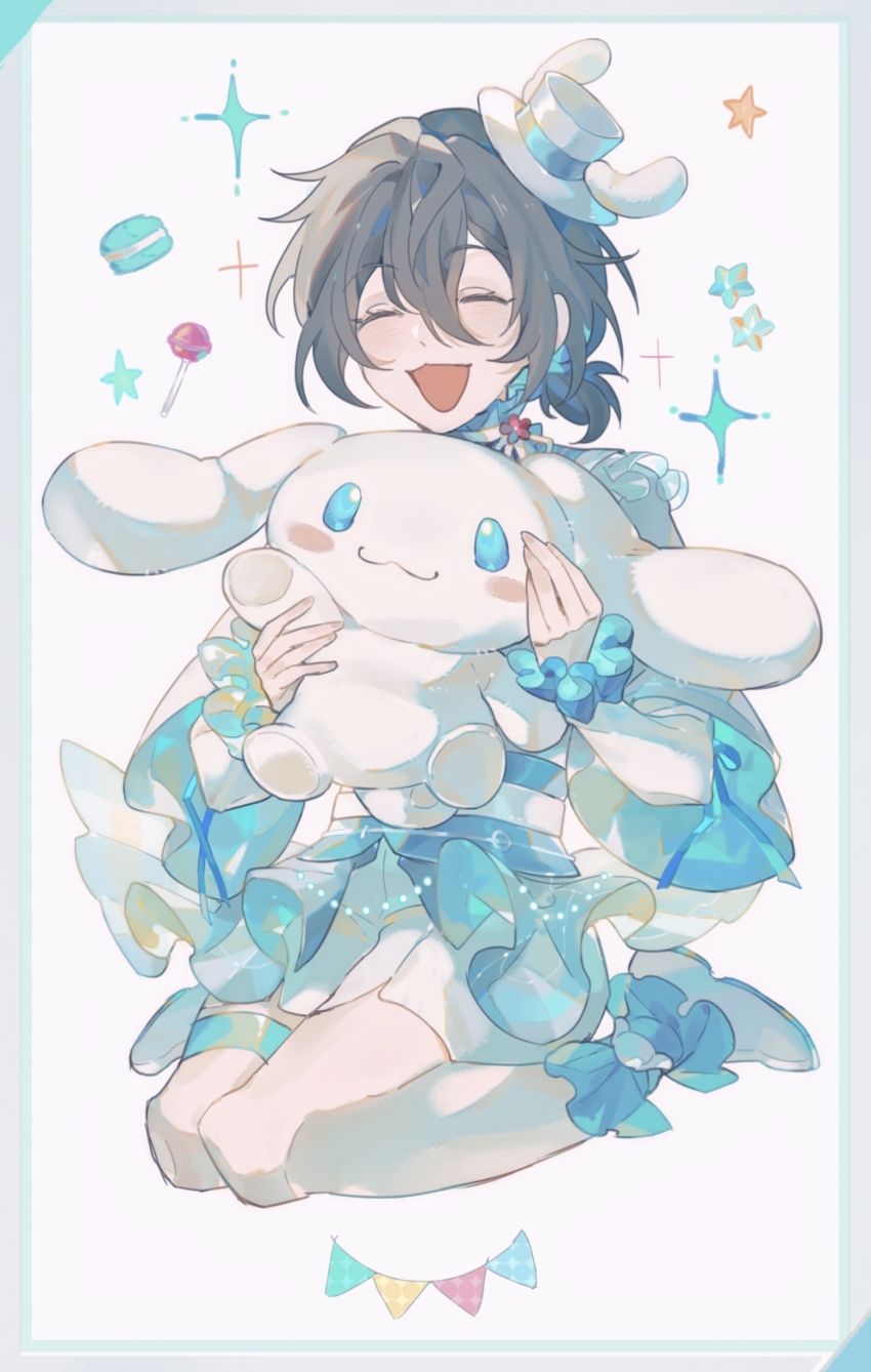 1boy :3 :d black_hair blue_scrunchie candy chinese_commentary cinnamoroll closed_eyes commentary_request ensemble_stars! food fuwa_fuwa_cinnamoroll hair_between_eyes hat hat_with_ears highres holding holding_stuffed_toy kneeling lollipop macaron male_focus mini_hat mini_top_hat open_mouth sanrio scrunchie shiina_niki shoes short_hair shorts smile solo sparkle star_(symbol) stuffed_toy tie_fei_wu_mang_dashuai top_hat variant_set white_background white_hat white_shoes white_shorts wrist_scrunchie