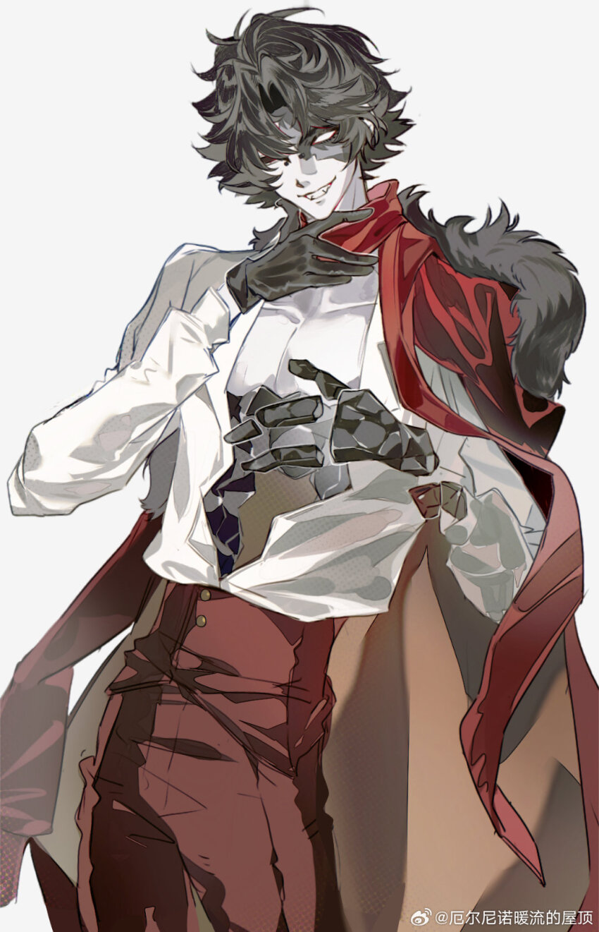 1boy bare_pectorals black_eyes black_gloves black_hair black_pants burn_scar check_copyright chinese_commentary coat coat_on_shoulders collarbone commentary_request copyright_request cowboy_shot el_nino_nuanliu_de_wuding fangs fur-trimmed_coat fur_trim gloves grin hand_on_own_chest happy heterochromia high-waist_pants highres long_sleeves looking_at_viewer male_focus messy_hair open_clothes open_shirt original pale_skin pants pectorals red_coat scar scar_across_eye scar_on_face shirt short_hair simple_background smile solid_eyes solo watermark weibo_watermark white_background white_eyes white_shirt