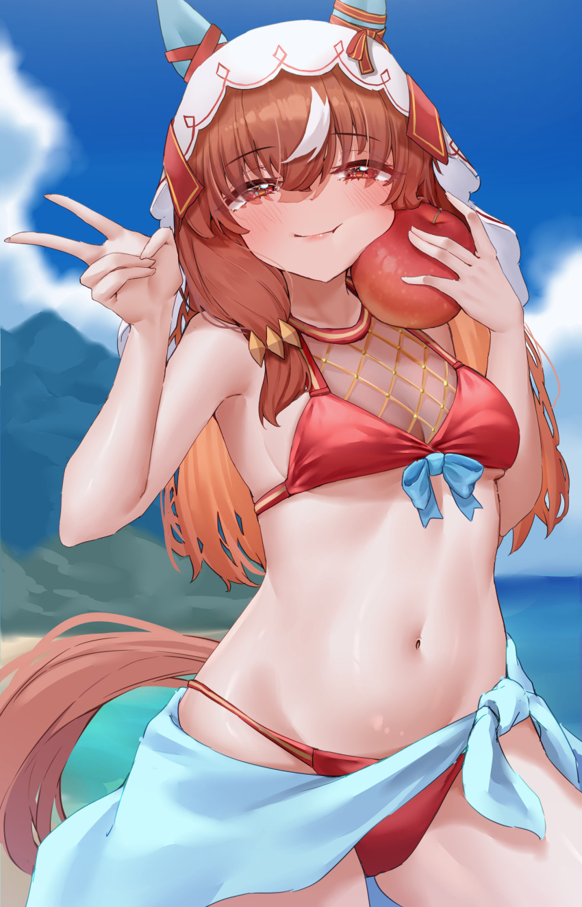 1girl absurdres alternate_costume animal_ears apple bikini blush breasts brown_hair cleavage closed_mouth collarbone commentary food fruit hair_between_eyes hair_ornament highres horse_ears horse_girl looking_at_viewer mountain navel ocean red_eyes sky small_breasts smile solo still_in_love_(umamusume) swimsuit tabunshake umamusume v veil