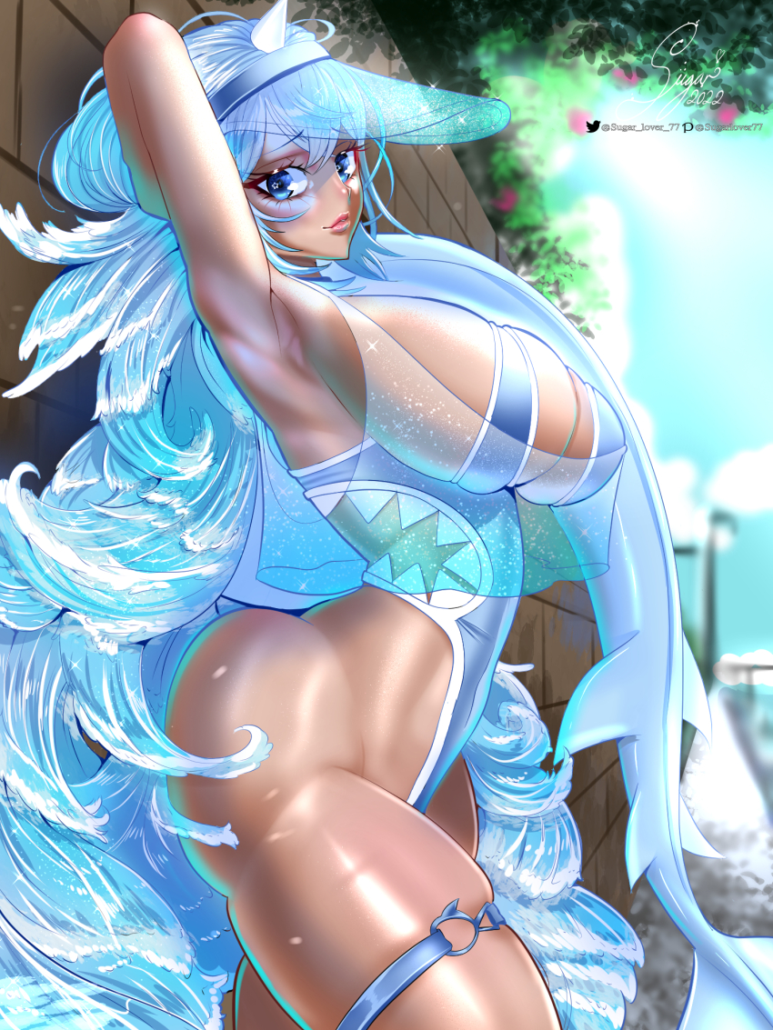 1girl 2022 arm_behind_head ass blue_eyes blue_hair blue_one-piece_swimsuit breasts brick_wall commission curvy dark-skinned_female dark_skin eyelashes fins fish_tail from_side highleg highleg_one-piece_swimsuit highres horns indie_virtual_youtuber lips long_hair one-piece_swimsuit pixiv_username see-through_hat shark_tail signature single_horn solo star_(symbol) star_in_eye sugarlover77 swimsuit symbol_in_eye tail thigh_strap thighs trinity_infinity twitter_username virtual_youtuber visor_cap