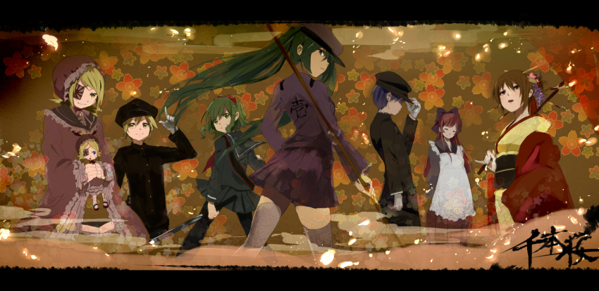 2boys 5girls alternate_costume apron bad_id bad_pixiv_id clothes eyepatch gloves gumi hat_tip hatsune_miku highres kagamine_len kagamine_len_(ni_no_sakura_senbu) kagamine_rin kagamine_rin_(ni_no_sakura_kouchou) kaito_(rei_no_sakura_sousetsu)_(vocaloid) kaito_(vocaloid) letterboxed megurine_luka megurine_luka_(san_no_sakura_fuuka) meiko_(rei_no_sakura_benitsubaki)_(vocaloid) meiko_(vocaloid) multiple_boys multiple_girls school_uniform senbon-zakura_(vocaloid) serafuku thighhighs ume_(plumblossom) vocaloid
