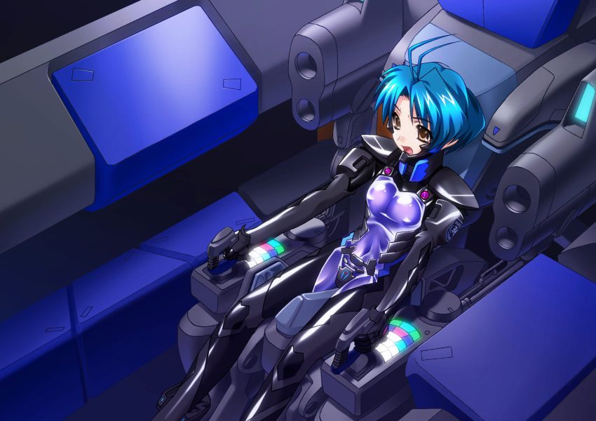 1girl 5pb. antenna_hair blue_hair bodysuit bou_(inubou) brown_eyes cockpit female_focus fortified_suit game_cg highres mecha mecha_pilot_suit muv-luv muv-luv_alternative pilot_suit purple_bodysuit robot short_hair sitting solo yoroi_mikoto