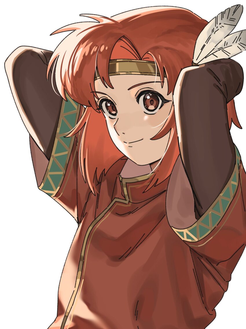 1boy abinosu0903 arms_behind_head circlet closed_mouth commentary_request feather_hair_ornament feathers fire_emblem fire_emblem:_mystery_of_the_emblem hair_ornament highres male_focus medium_hair nintendo red_eyes red_hair simple_background smile solo white_background xane_(fire_emblem)