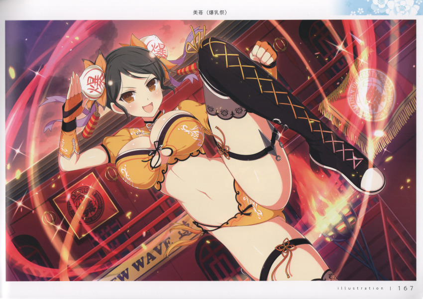 1girl absurdres baozi_hair_ornament black_boots boots breasts brown_eyes brown_hair bun_cover elbow_gloves fighting_stance fingerless_gloves food-themed_hair_ornament gloves hair_ornament highres large_breasts leg_up looking_at_viewer meimei_(senran_kagura) official_art open_mouth page_number panties scan senran_kagura senran_kagura_new_link simple_background smile solo thigh_strap thighs underwear yaegashi_nan