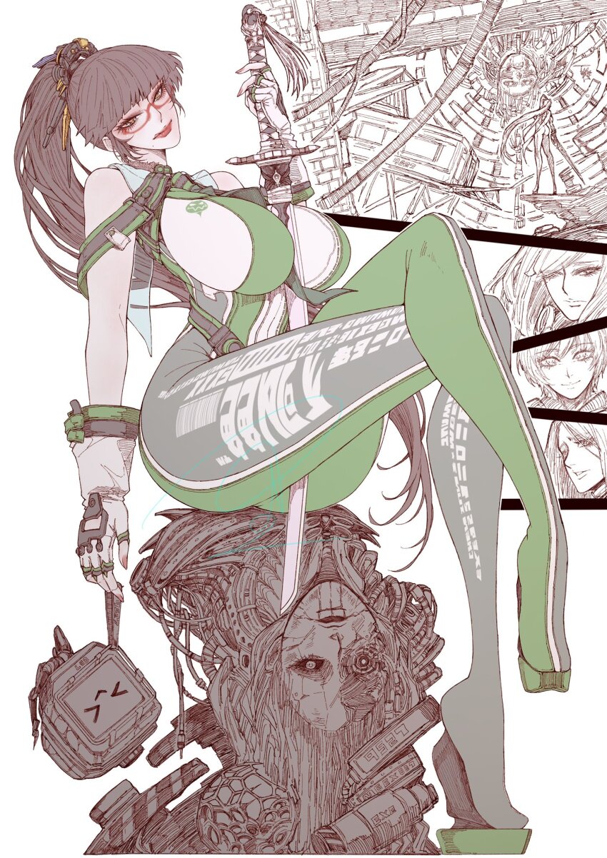 1girl ass blood_edge_(stellar_blade) bodysuit breasts brown_hair chinese_text closed_mouth eve_(stellar_blade) eyelashes glasses gloves green_bodysuit hair_ornament heel-less_heels highres hoof_shoes huge_ass impossible_clothes jun_wu_mo large_breasts lily_artemis_ii_(stellar_blade) looking_at_viewer narrow_waist planet_diving_suit_(7th)_(stellar_blade) raven_(stellar_blade) red-framed_eyewear sidelocks simplified_chinese_text skin_tight sleeveless sleeveless_bodysuit stellar_blade tachy_(stellar_blade) thick_thighs thighs white_gloves wide_hips yellow_eyes