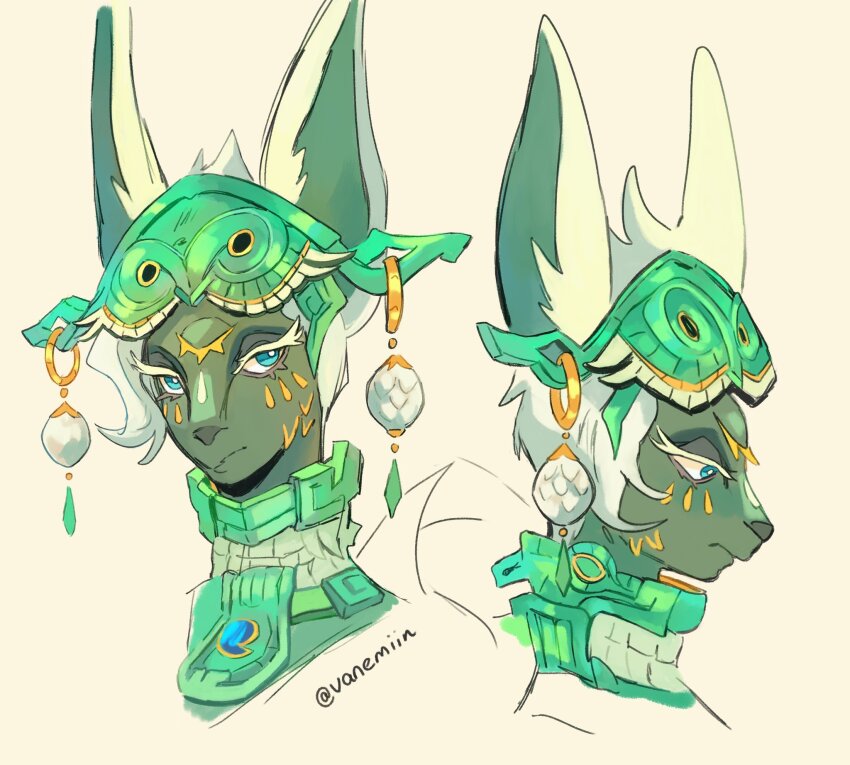 1girl animal_ear_fluff artist_name commentary dark-skinned_female dark_skin english_commentary furry furry_female highres looking_at_viewer looking_to_the_side mask mask_on_head mineru_(zelda) multiple_views nintendo portrait the_legend_of_zelda the_legend_of_zelda:_tears_of_the_kingdom upper_body vanemiin