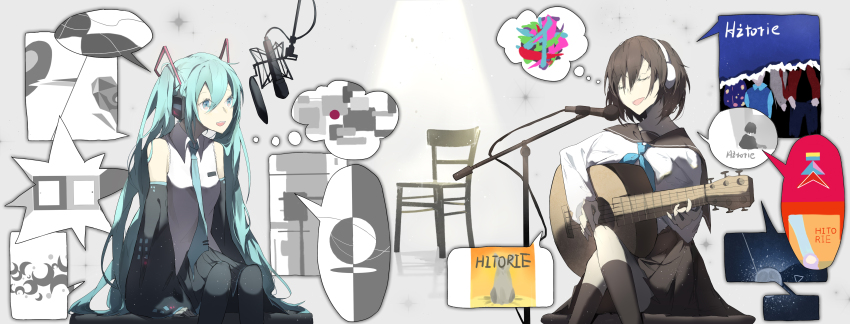 2girls absurdres bare_shoulders bass_guitar black_pantyhose black_sailor_collar black_skirt black_sleeves black_socks blue_eyes blue_hair blue_neckerchief blue_necktie brown_hair chair closed_eyes collared_shirt crossed_legs detached_sleeves dinned feet_out_of_frame grey_background hair_between_eyes hair_ornament hatsune_miku headphones highres hitorie instrument kneehighs light_particles long_hair long_sleeves microphone microphone_stand miniskirt multiple_girls music neckerchief necktie open_mouth pantyhose playing_guitar playing_instrument pleated_skirt pocket sailor_collar school_uniform serafuku shirt short_hair singing sitting skirt sleeveless sleeveless_shirt smile socks sparkle speech_bubble spoken_object spotlight teeth thought_bubble twintails upper_teeth_only ura-omote_lovers_(vocaloid) very_long_hair vocaloid white_shirt wowaka