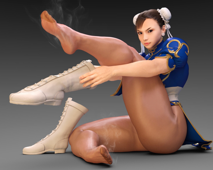 1girl 3d angry brown_eyes capcom chinese_clothes chun-li covered_erect_nipples double_bun feet hair_bun highres holding holding_shoes koupantyhose long_hair pantyhose parted_lips shoes smell soles steam street_fighter toes unworn_shoes