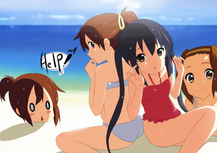 4girls :&lt; alternate_hairstyle bad_id bad_pixiv_id beach bikini black_hair blush_stickers brown_eyes brown_hair buried casual_one-piece_swimsuit day frilled_swimsuit frills hairband halterneck hirasawa_ui hirasawa_yui k-on! multiple_girls nakano_azusa o_o ocean one-piece_swimsuit ponytail side_ponytail sweat swimsuit tainaka_ritsu twintails yunotimo