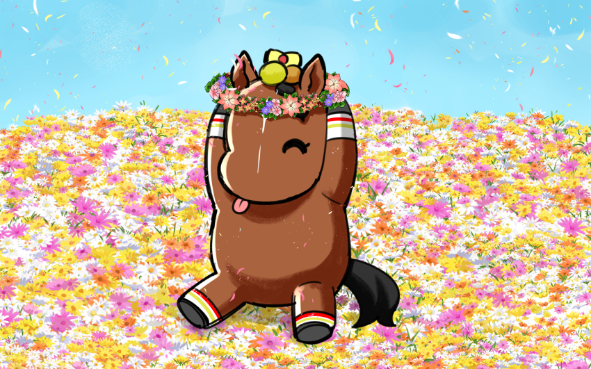 1girl animal_ears aramori_susumu closed_eyes closed_mouth commentary_request field flower flower_field flower_wreath full_body hair_ornament heaven highres horse horse_ears horse_tail liberty_island_(racehorse) no_humans original petals sitting sky solo tail tongue tongue_out