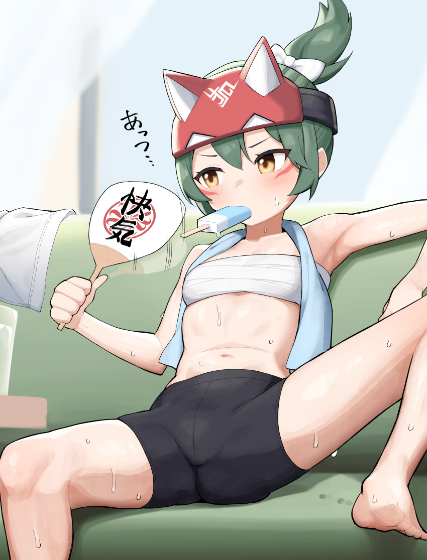1girl absurdres afterimage armpits averting_eyes bare_arms bare_shoulders barefoot bike_shorts black_shorts breasts budget_sarashi chest_sarashi commentary_request couch fanning_self food food_in_mouth foot_up fox_mask green_hair half_mask hand_fan highres hot ice_cream ikisugi_shokudou indoors kiriko_(overwatch) mask mask_on_head motion_lines mouth_hold on_couch overwatch overwatch_2 ponytail sarashi short_hair shorts sitting small_breasts solo spread_legs sweat v-shaped_eyebrows very_sweaty yellow_eyes