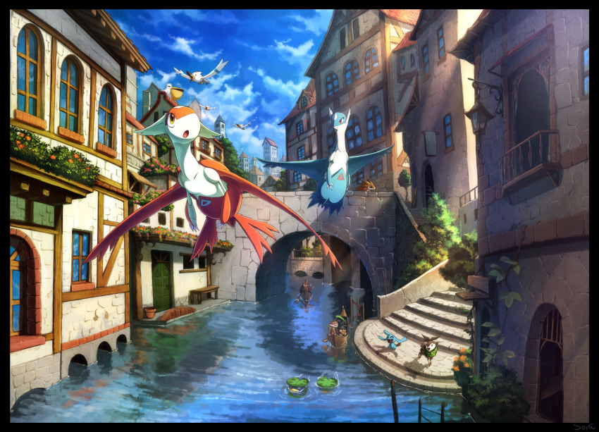 boat bridge building buizel canal claws cloud commentary_request day flying gen_3_pokemon gen_4_pokemon gen_6_pokemon karamimame latias latios legendary_pokemon lotad nintendo no_humans nuzleaf open_mouth outdoors pelipper pokemon pokemon_(creature) seedot skiddo sky stairs swimming tongue water watercraft window wingull wynaut