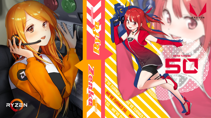 2girls absurdres amd character_name commentary dashboard english_commentary english_text gradient_clothes gradient_shirt graphics_card gun headset high_heels highres holding holding_gun holding_weapon logo mascot multiple_girls orange_hair radeon red_hair ryfa shadow shirt short_shorts shorts steelpipes weapon zenka