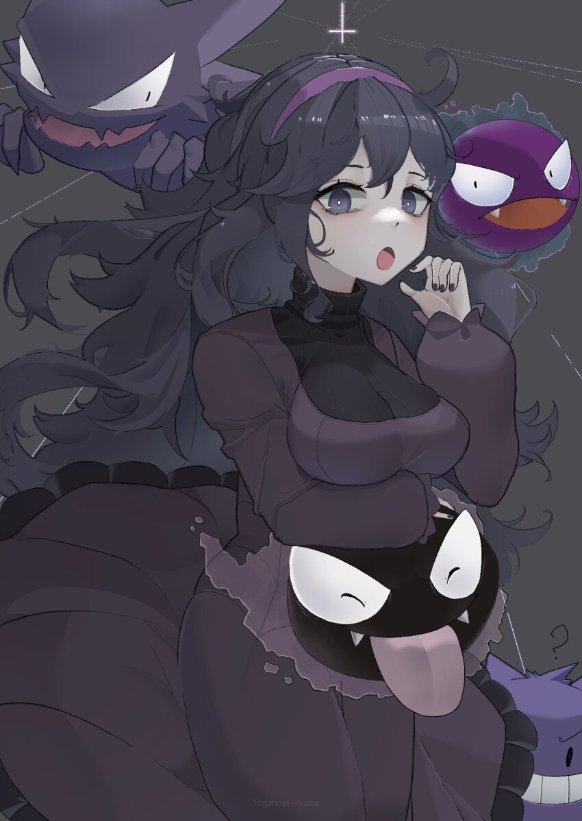 1girl black_nails breasts dress gastly gen_1_pokemon gengar hairband haunter hex_maniac_(pokemon) highres looking_at_viewer nintendo pokemon pokemon_(creature) pokemon_xy purple_hairband solo togeticisa