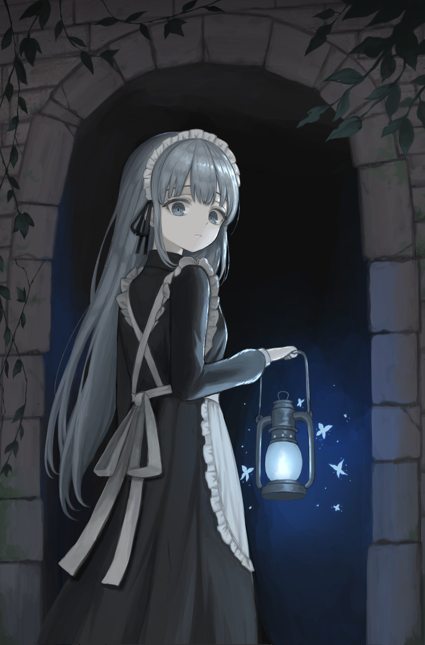1girl absurdres apron back_bow black_dress blue_eyes bow bug butterfly closed_mouth commentary cowboy_shot dress expressionless frilled_apron frills from_behind grey_hair highres holding holding_lantern insect kkamkkam lantern long_hair long_sleeves looking_at_viewer looking_back maid maid_apron maid_headdress night original outdoors plant ringed_eyes solo standing symbol-only_commentary tunnel very_long_hair white_apron