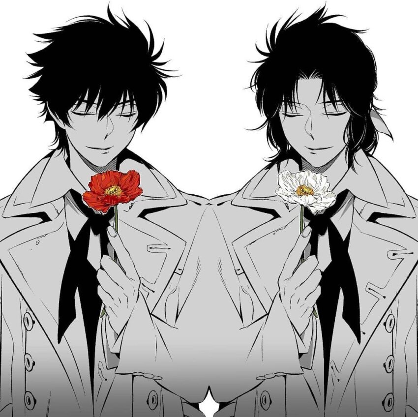 2boys black_bow black_hair black_vest bow buttons closed_eyes closed_mouth coat d.gray-man dress_shirt flower greyscale holding holding_flower hoshino_katsura light_smile mana_walker medium_hair mirror_image mirror_twins monochrome multiple_boys nea_d_campbell red_flower shirt siblings trench_coat twins vest white_flower white_shirt