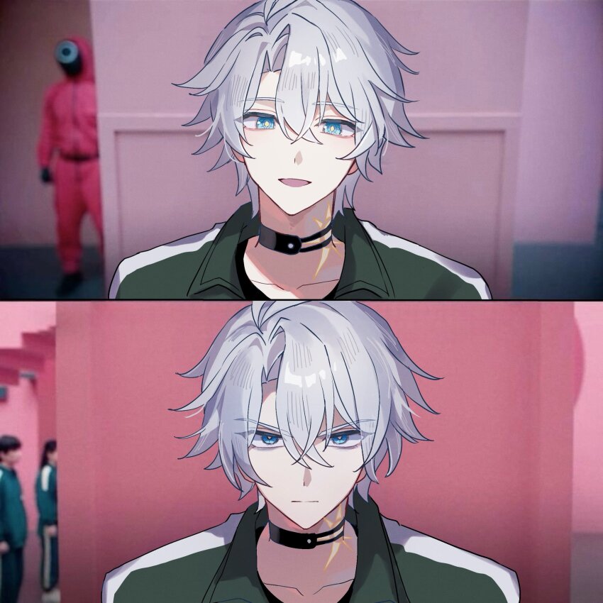 1boy antenna_hair before_and_after black_choker blue_eyes choker frown green_track_suit hashtag-only_commentary highres honkai:_star_rail honkai_(series) lilaclilac00 male_focus meme multiple_views neck_tattoo parted_bangs phainon_(honkai:_star_rail) pink_track_suit smile squid_game sun_symbol sun_tattoo tan tattoo track_suit v-shaped_eyebrows white_hair year_1_&amp;_year_2_(squid_game)_(meme)