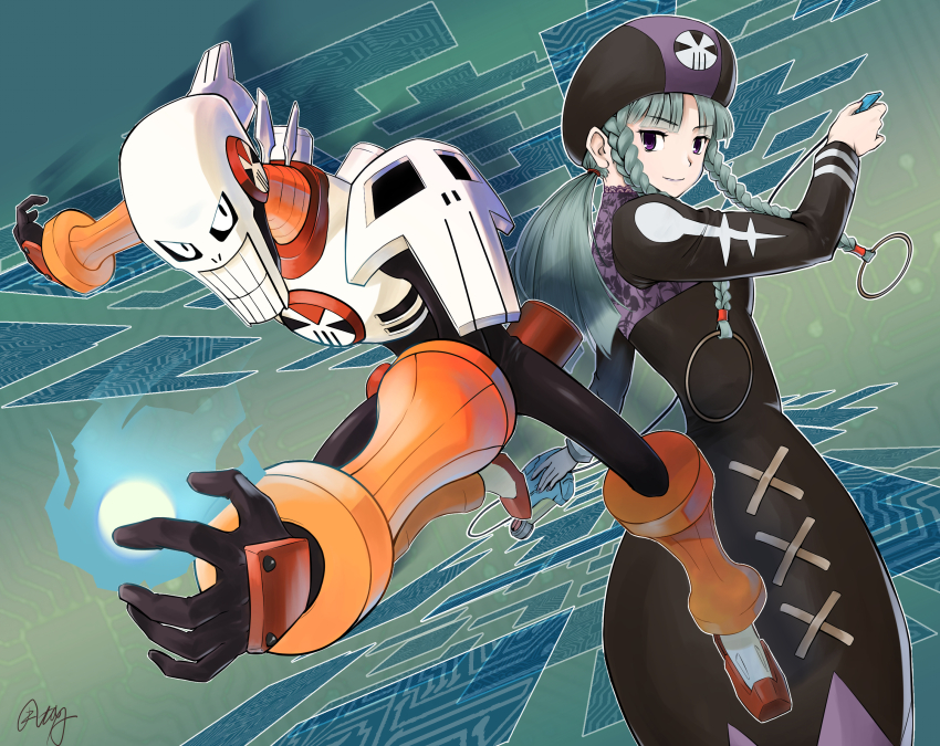 1boy 1girl battle_chip black_dress braid dress green_hair hanabusa_(xztr3448) hat highres long_hair long_sleeves looking_at_viewer mega_man_(series) mega_man_battle_network mega_man_battle_network_(series) mega_man_battle_network_1 miyu_(mega_man) netnavi personal_terminal purple_eyes purple_lips skullman.exe smile twin_braids