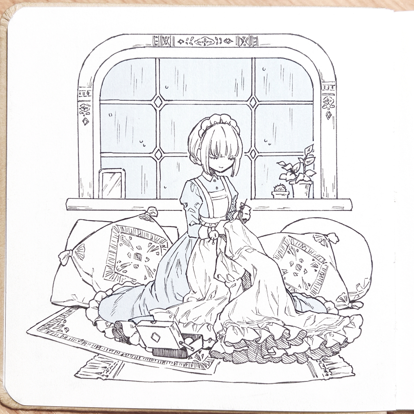 1girl closed_eyes closed_mouth commentary_request flower_pot goshi-san highres maid original photo_(medium) pillow short_hair smile solo spot_color traditional_media u_u window