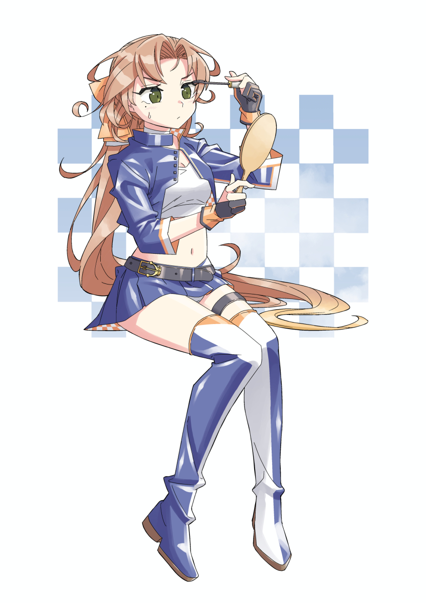 1girl absurdres akigumo_(kancolle) akigumo_kai_ni_(kancolle) akigumo_kai_ni_(race_queen)_(kancolle) applying_makeup applying_own_makeup blue_jacket boots breasts brown_hair checkered_background cosmetics crop_top green_eyes hair_ribbon hand_mirror highres jacket kantai_collection kazh_(kazu) long_hair looking_at_mirror makeup makeup_brush mirror mole mole_under_eye official_alternate_costume ponytail race_queen ribbon short_sleeves sitting skirt small_breasts solo thigh_boots white_background