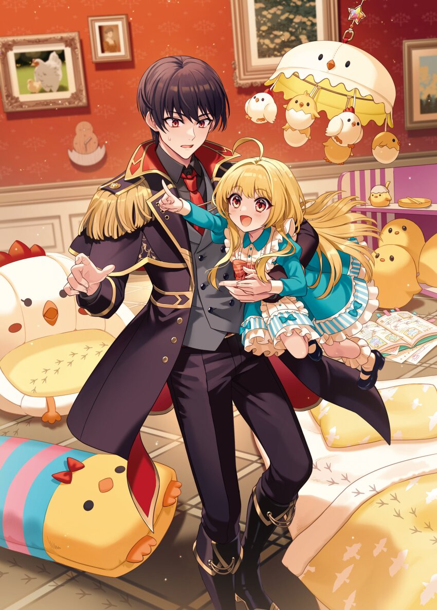 1boy 1girl absurdres ahoge animal_print aqua_bow aqua_dress bird bird_footprints bird_print black_capelet black_coat black_footwear black_hair black_pants black_shirt blanket blonde_hair book bow buttons capelet carrying carrying_under_arm center_frills chair chick child chopsticks coat cover cover_page double-breasted dress dress_bow epaulettes fold-over_boots foot_out_of_frame frilled_dress frilled_socks frills full_body futon gold_trim grey_vest hair_between_eyes hair_intakes highres indoors juliet_sleeves lapels long_hair long_sleeves looking_ahead looking_at_another mary_janes michi_(iawei) mobile necktie notched_lapels novel_cover official_art open_book orange_eyes outstretched_arm pants paper photo_(object) picture_frame pillow pointing puffy_sleeves red_bow red_coat red_eyes red_necktie second-party_source seijo_dakedo_yami_ochi_shitara_hiyoko_ni_narimashita! shirt shoes sleeping_bag sleeve_cuffs socks standing stuffed_chicken sweatdrop themed_object tile_floor tiles two-sided_coat two-sided_fabric vest waist_bow white_socks