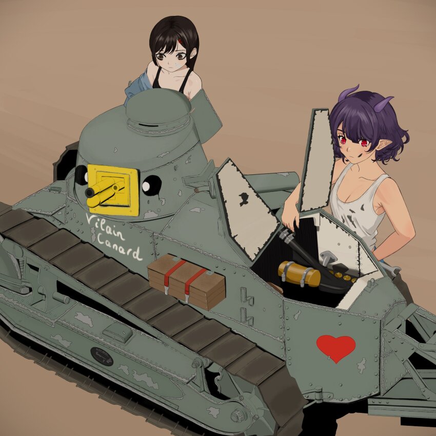 2girls boagnnnnnnn breasts caterpillar_tracks collarbone french_text grease_(mechanical) hand_on_own_hip highres holding holding_wrench long_hair looking_to_the_side medium_breasts medium_hair military_vehicle motor_vehicle multiple_girls open_hatch original red_eyes simple_background tank tank_top tank_turret vehicle_request wrench