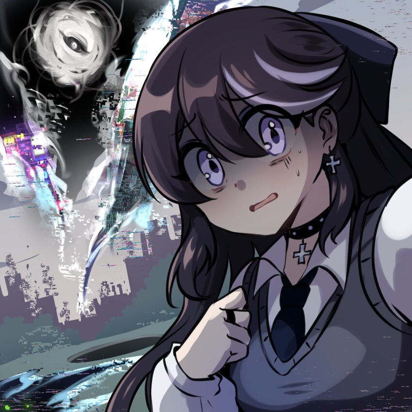 1girl black_choker black_hair black_necktie blue_eyes blue_streaks breasts choker collared_shirt commentary cross cross_choker cross_earrings disembodied_eye double-parted_bangs earrings english_commentary grey_vest hair_between_eyes highres jewelry long_hair long_sleeves looking_at_viewer monster multicolored_hair necktie open_mouth original raised_inner_eyebrows ring ryuuxin sadie_(ryuuxin) scared shaded_face shirt solo streaked_hair sweat upper_body vest white_shirt