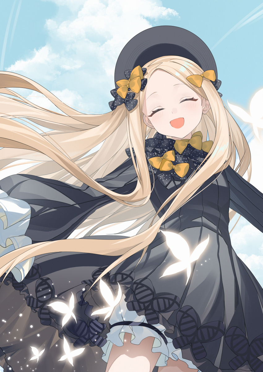 1girl abigail_williams_(fate) absurdres black_dress blonde_hair bloomers blue_sky blush bow bug butterfly closed_eyes cloud dress facing_viewer fate/grand_order fate_(series) floating_hair hair_bow highres insect long_hair miyu10366 multiple_hair_bows open_mouth sky smile solo underwear very_long_hair white_bloomers